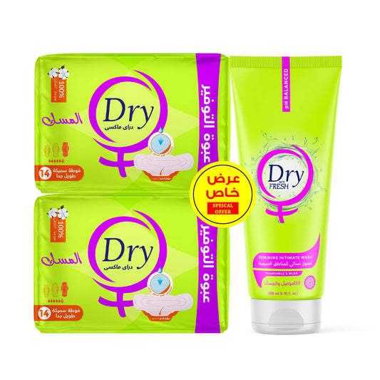 Dry Fresh Intimate Wash Gel Musk 200ml + Special Offer Pack of 28 Extra Long Maxi Musk Pads