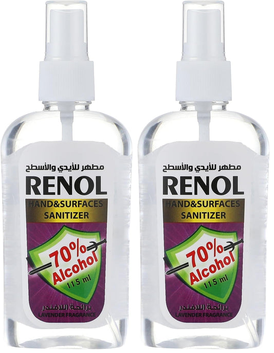 Renol alcohol sanitizer for hands and surfaces with lavender fragrance - 115 ml (Pack of 2)