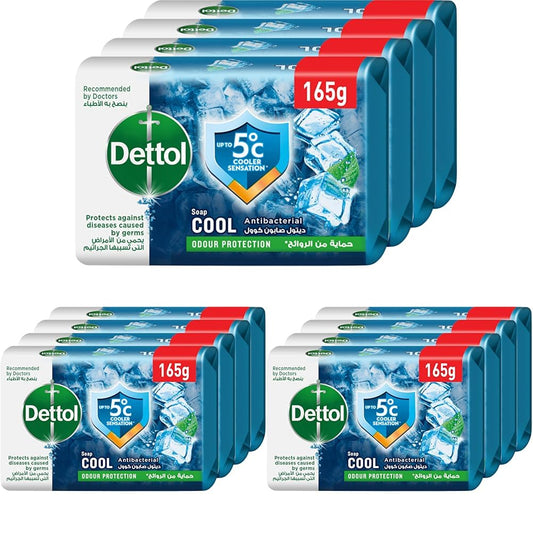 Dettol cool anti-bacterial bathing soap bar for effective germ protection, personal hygiene & odour protection, mint & bergamot fragrance, 4 pieces 165g @20% (Pack of 3)