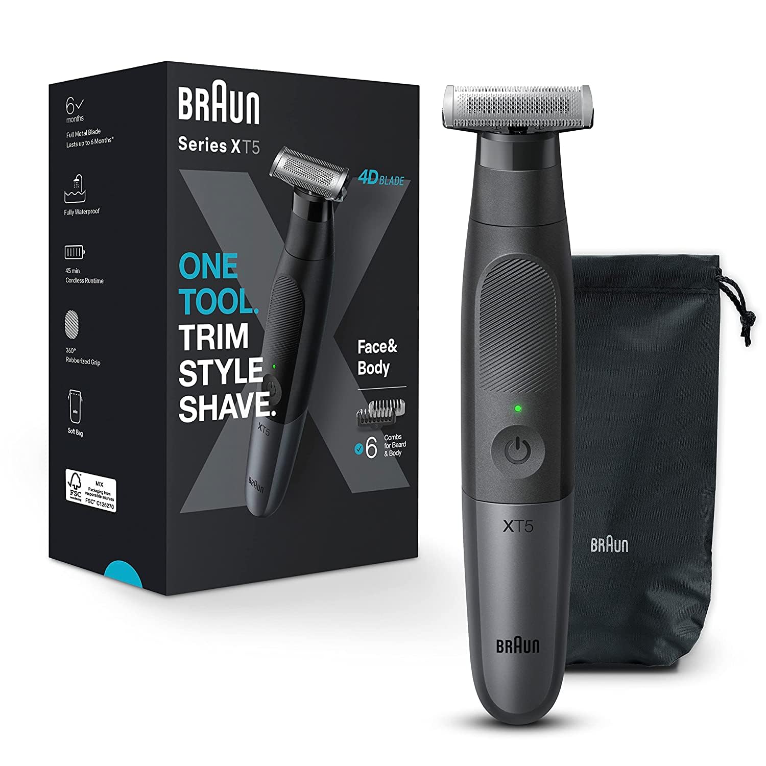 Braun Series XT5 – Beard Trimmer, Shaver and Electric Razor for Men, Body Grooming Kit, One Tool for Stubble, Hair, Groin, Underarms, XT5100 Wet & Dry all-in-one tool with 5 attachments