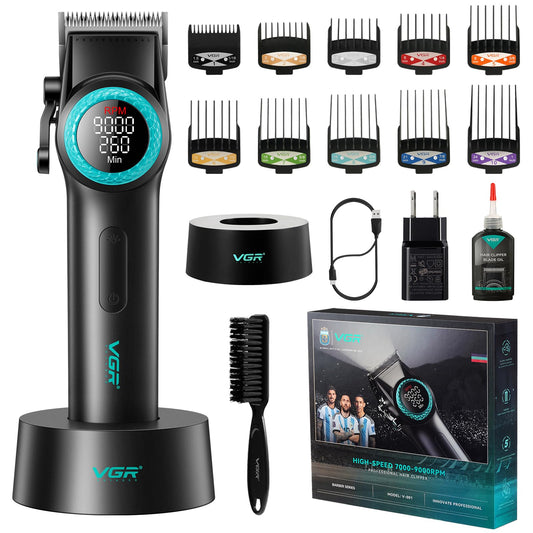 VGR 001 Professional Hair Clippers for Men, Cordless Barber Clippers for Hair Cutting, Carbon Steel Blade Hair Trimmers for Barbers, 9000RPM, LED Display, Black