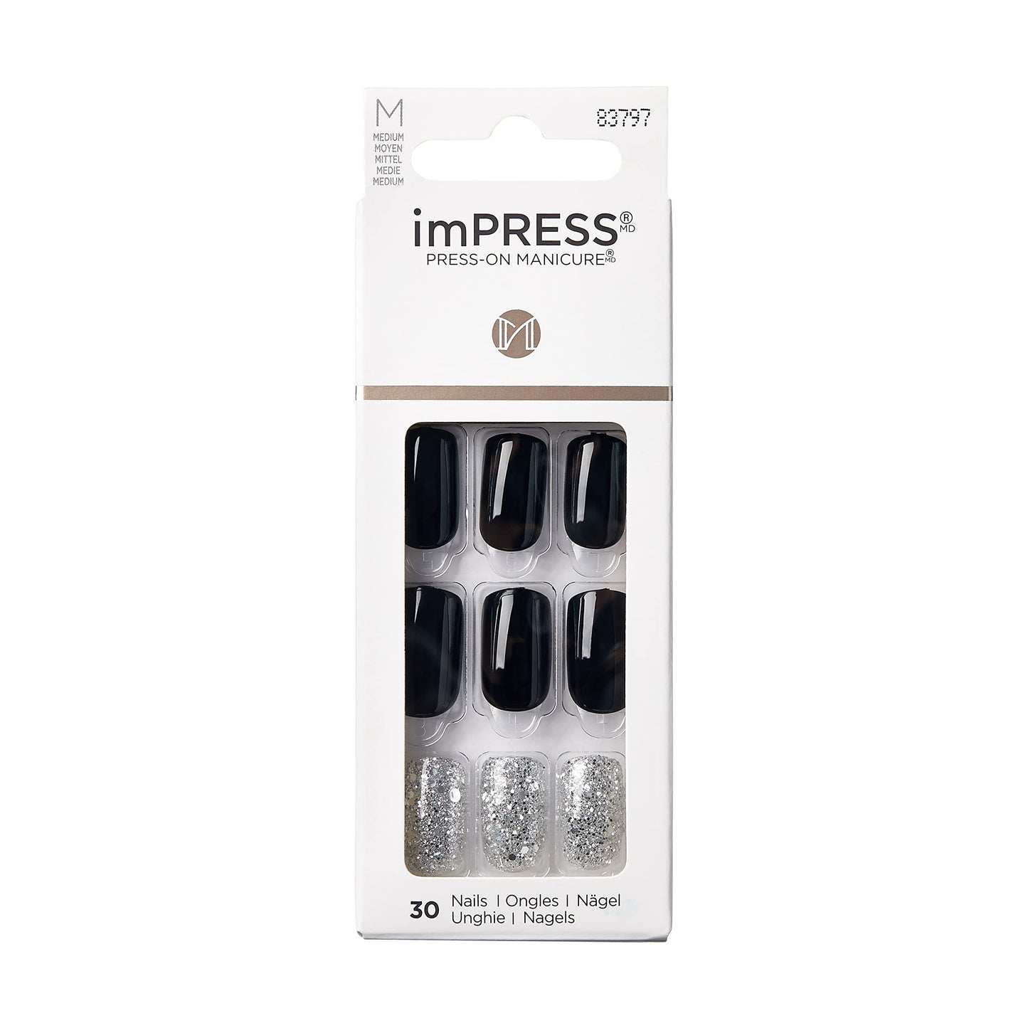 KISS imPRESS Press-On Manicure, Destiny, Medium Length Square, with PureFit Technology, Includes Prep Pad, Mini File, Cuticle Stick, and 30 Fake Nails