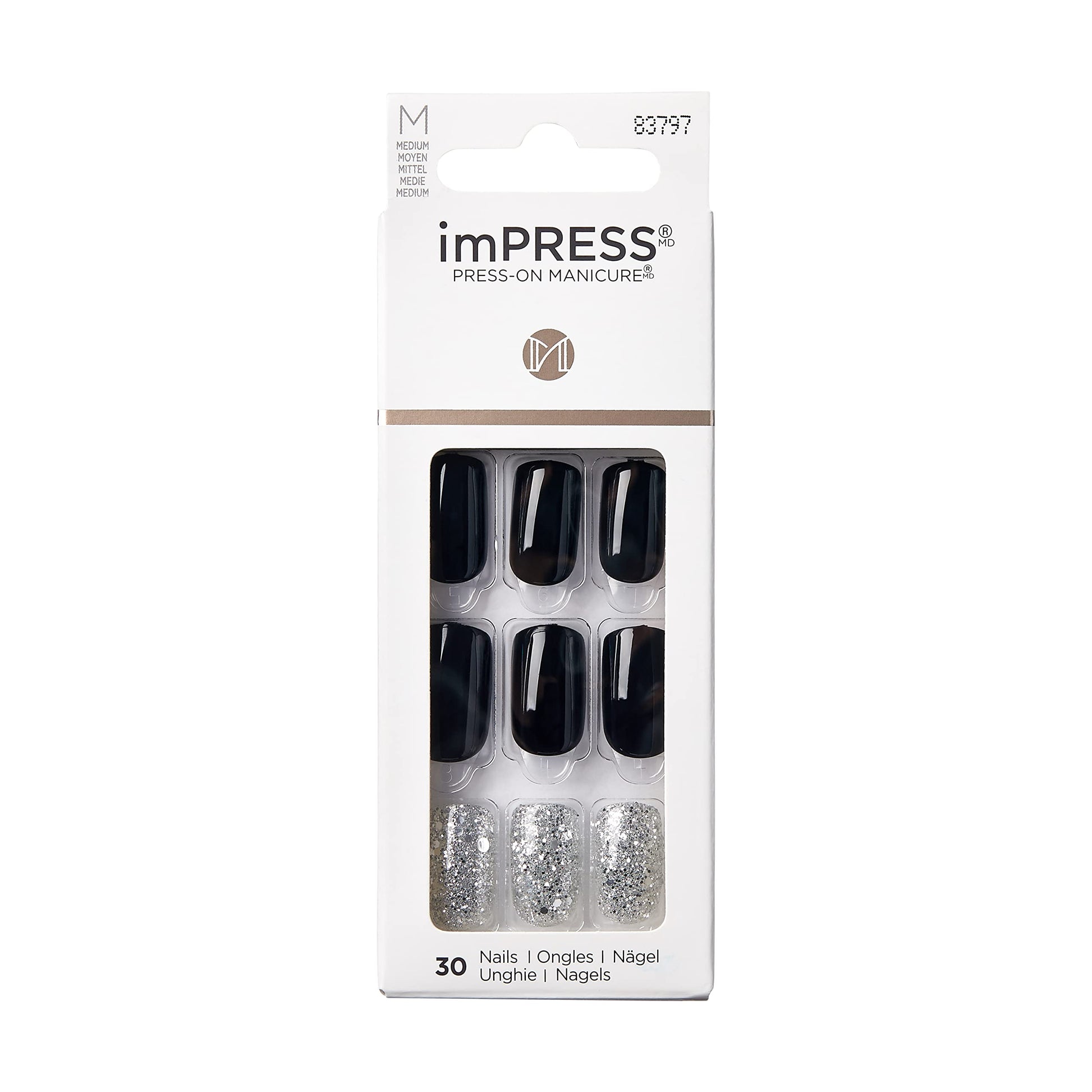 KISS imPRESS Press-On Manicure, Destiny, Medium Length Square, with PureFit Technology, Includes Prep Pad, Mini File, Cuticle Stick, and 30 Fake Nails