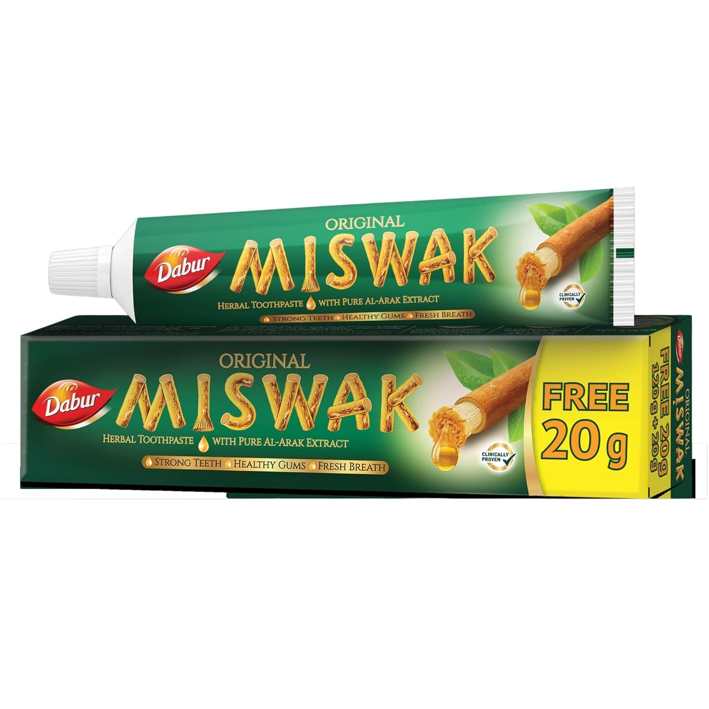 Dabur Miswak Herbal Fresh Toothpaste (120g) + 20g Free| Pure Al-Arak Extract | Makes Teeth Stronger | Improves Gums Health | Reduces Bad Breath