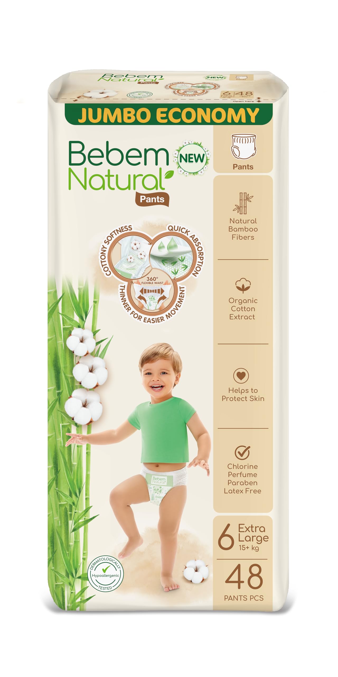 Bebem Natural Baby Diapers Open Diapers Size 5,12-15 KG, Twin Pack, 28 Units, Organic Cotton & Bamboo Fibers