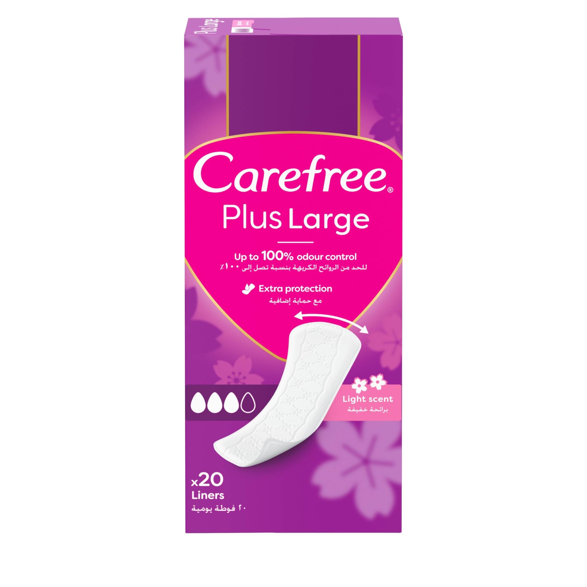 CAREFREE Daily Panty Liners Plus Large, Light Scent, Pack of 20, great Fit Design for Comfortable, Discreet Protection Throughout the Day
