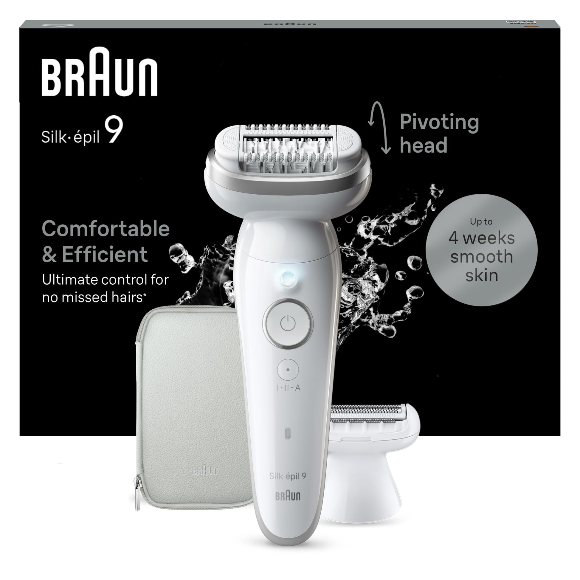 Braun Silk-épil 9 Women's Epilator/Hair Remover for Long-Lasting Hair Removal, Shaving Attachment, Trimmer Attachment, 9-041, White/Silver