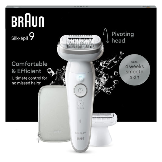 Braun Silk-épil 9 Women's Epilator/Hair Remover for Long-Lasting Hair Removal, Shaving Attachment, Trimmer Attachment, 9-041, White/Silver