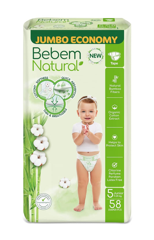 Bebem Natural - Baby Diapers - Jumbo Pack - Junior Size 5 - 58 Pieces