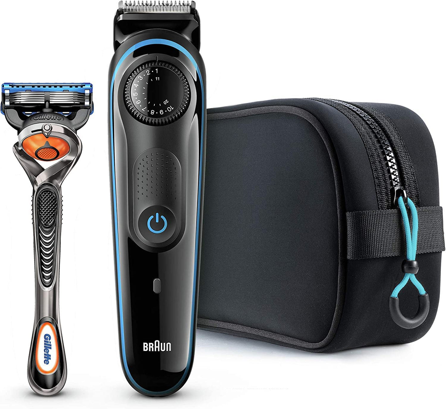 Braun BT3940TS Beard Trimmer With Precision dial, 2 Combs, Gillette Fusion5 ProGlide Men's Razor, Travel Bag - Black/Blue