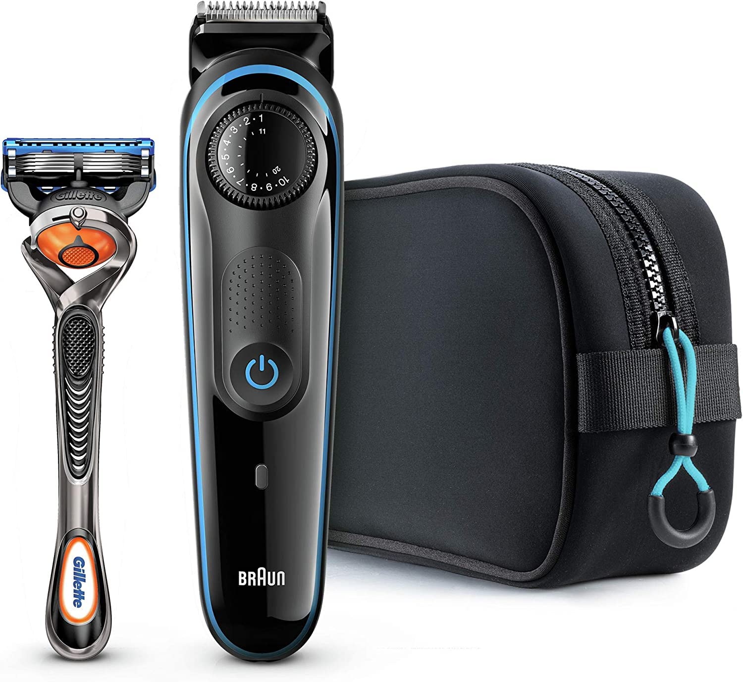 Braun BT3940TS Beard Trimmer With Precision dial, 2 Combs, Gillette Fusion5 ProGlide Men's Razor, Travel Bag - Black/Blue