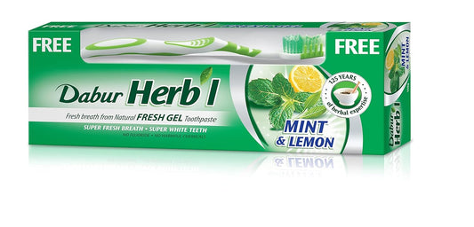 Dabur Herbal Fresh Gel Toothpaste (140g) with Toothbrush | Natural Extract of Mint and Lemon | Make Teeth Strong, Improves Gums Health and Freshen Breath