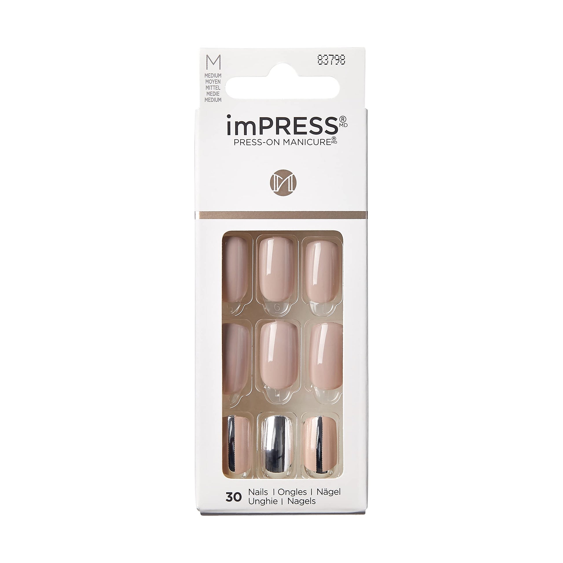 KISS imPRESS Press-On Manicure, Cloudy, Medium Length Square, with PureFit Technology, Includes Prep Pad, Mini File, Cuticle Stick, and 30 Fake Nails