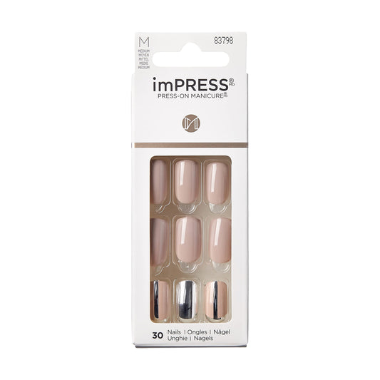 KISS imPRESS Press-On Manicure, Cloudy, Medium Length Square, with PureFit Technology, Includes Prep Pad, Mini File, Cuticle Stick, and 30 Fake Nails