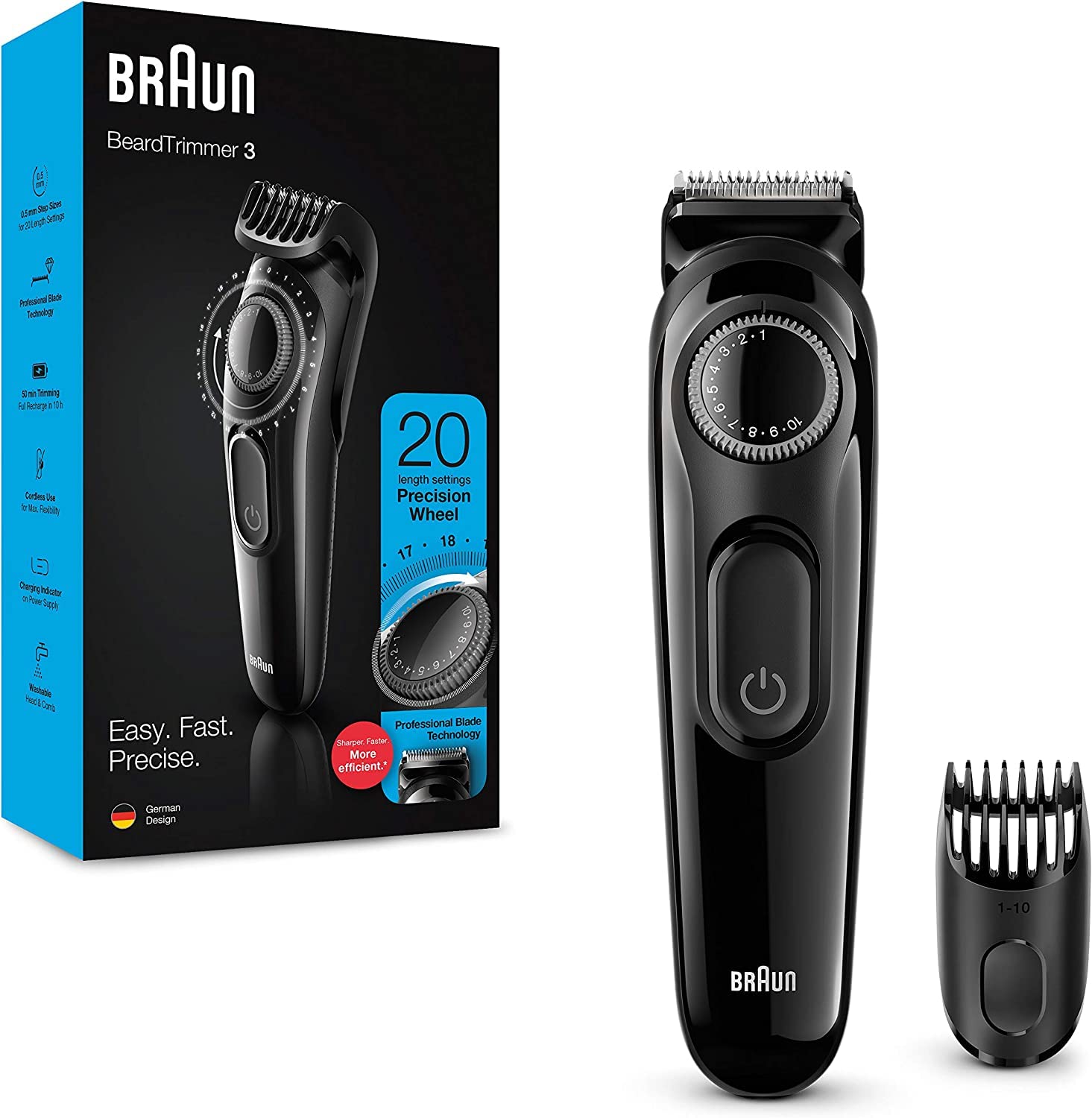 Braun BT 3222 Beard Trimmer and Hair Clipper for men, 20 Length Settings, Black