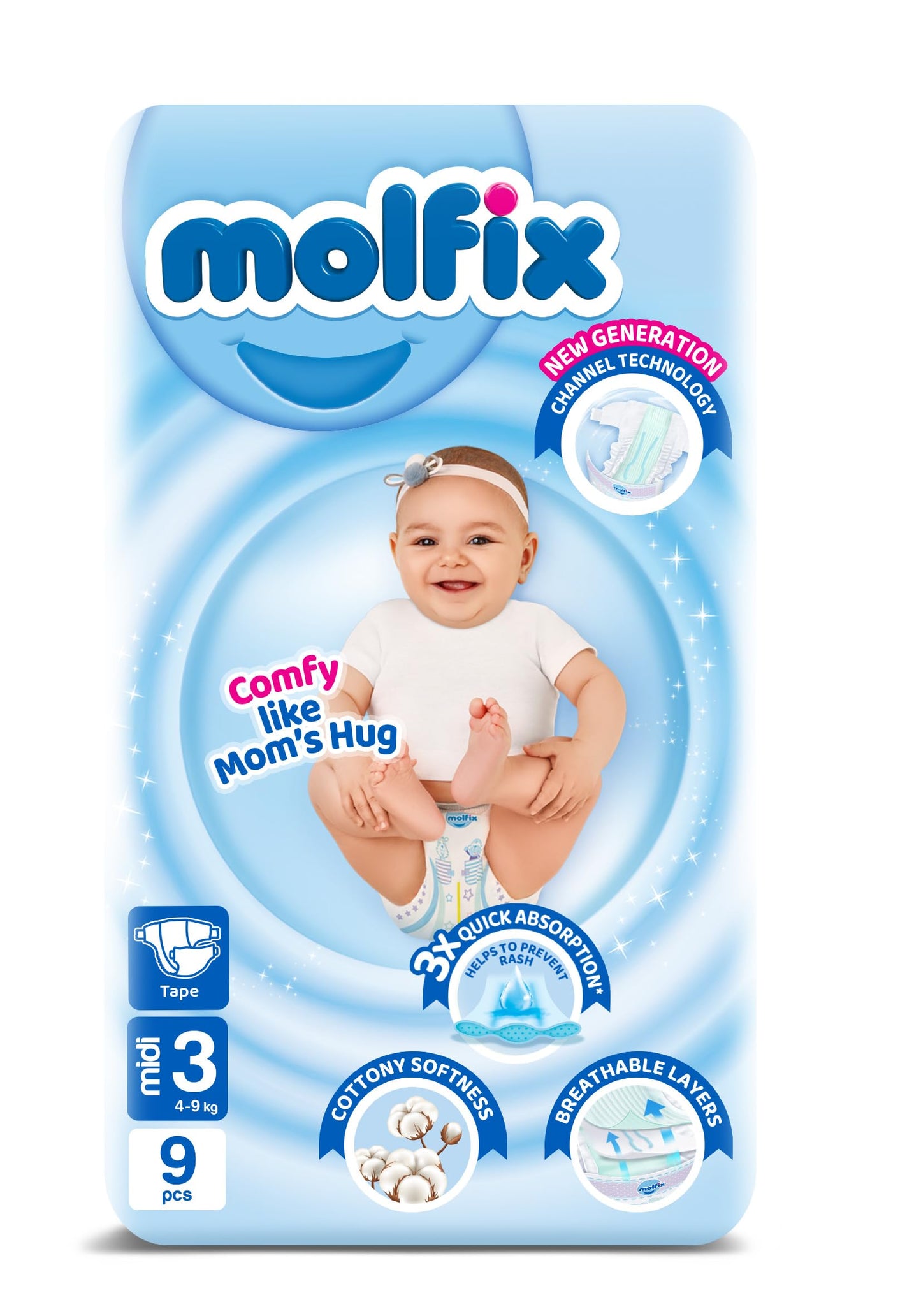 Molfix Baby Diaper Open Size 3, Small Pack, 4-9 KG, 9 Units, Molfix Open Diapers, Size 3, 4-9 KG, Small Pack, 9 count, Cotton Material