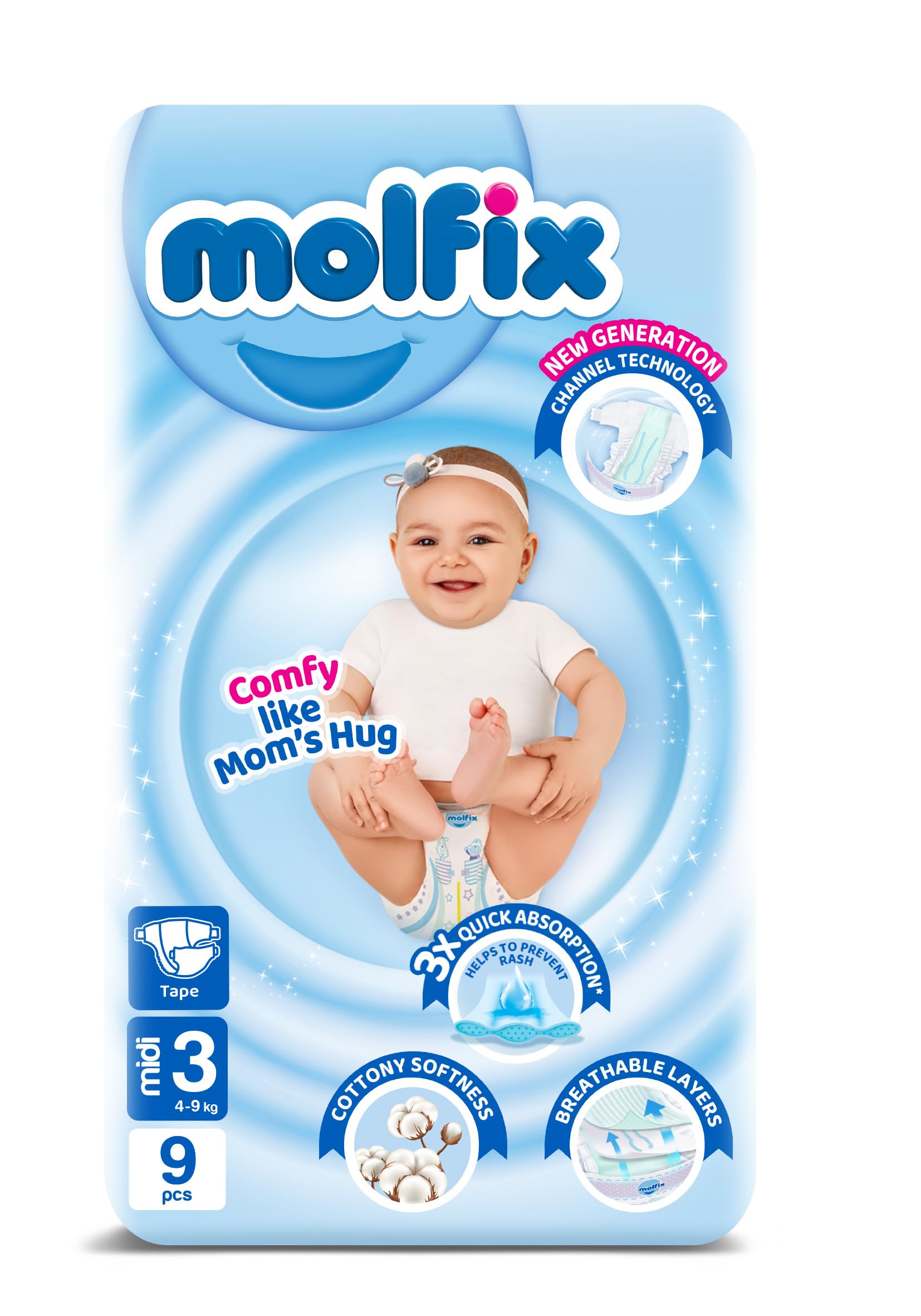 Molfix Baby Diaper Open Size 3, Small Pack, 4-9 KG, 9 Units, Molfix Open Diapers, Size 3, 4-9 KG, Small Pack, 9 count, Cotton Material