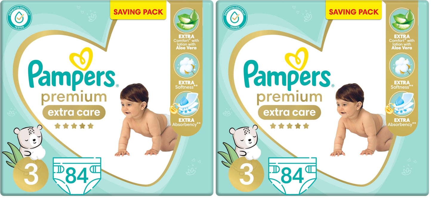 Pampers Premium EXTRA CARE Taped Diapers, Size 3, 6-10 kg, with Lotion with Aloe Vera, Saving Pack, 84 Baby Diapers (Pack of 2)