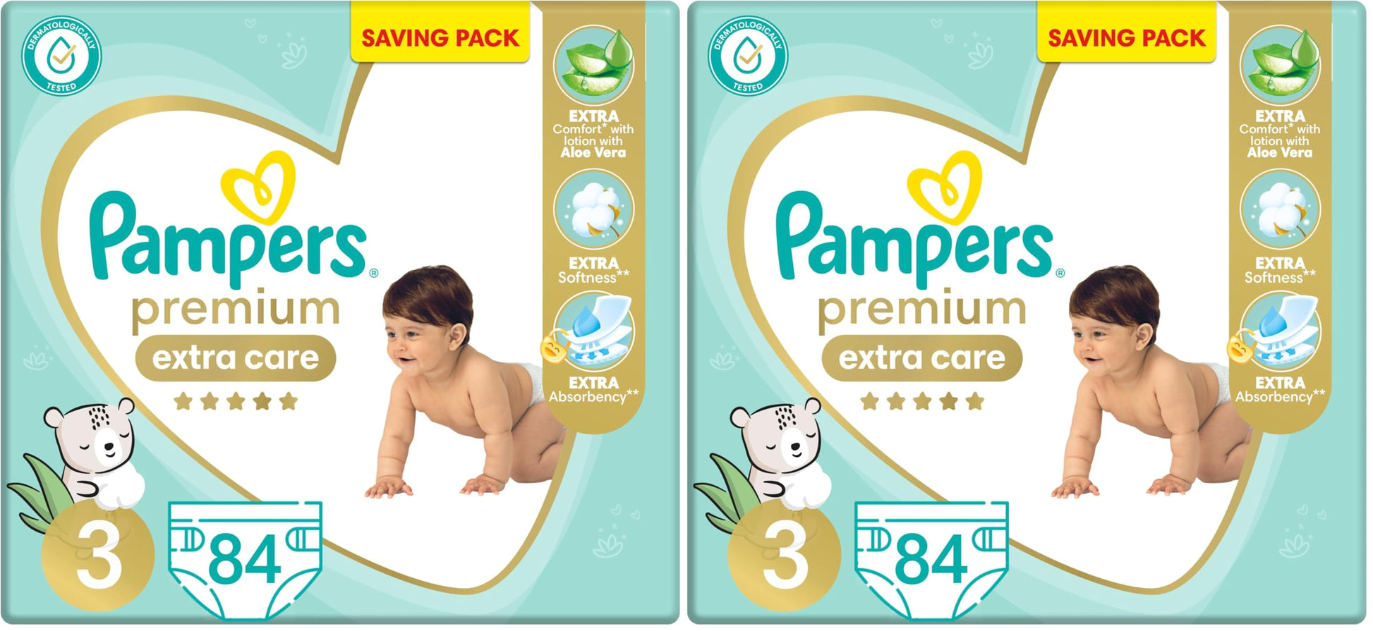 Pampers Premium EXTRA CARE Taped Diapers, Size 3, 6-10 kg, with Lotion with Aloe Vera, Saving Pack, 84 Baby Diapers (Pack of 2)