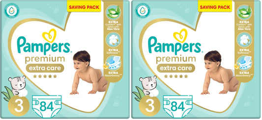 Pampers Premium EXTRA CARE Taped Diapers, Size 3, 6-10 kg, with Lotion with Aloe Vera, Saving Pack, 84 Baby Diapers (Pack of 2)