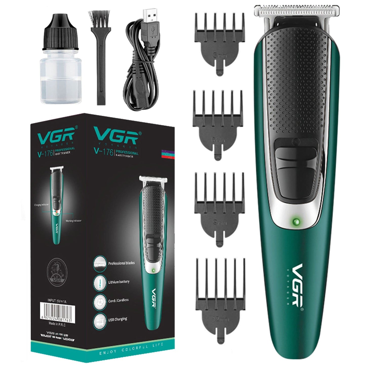 VGR, V176 Cordless Professional Hair Clipper Runtime 120 min Trimmer for Men with 4 Guide Combs, Green, Standard, 1 count (V-176)