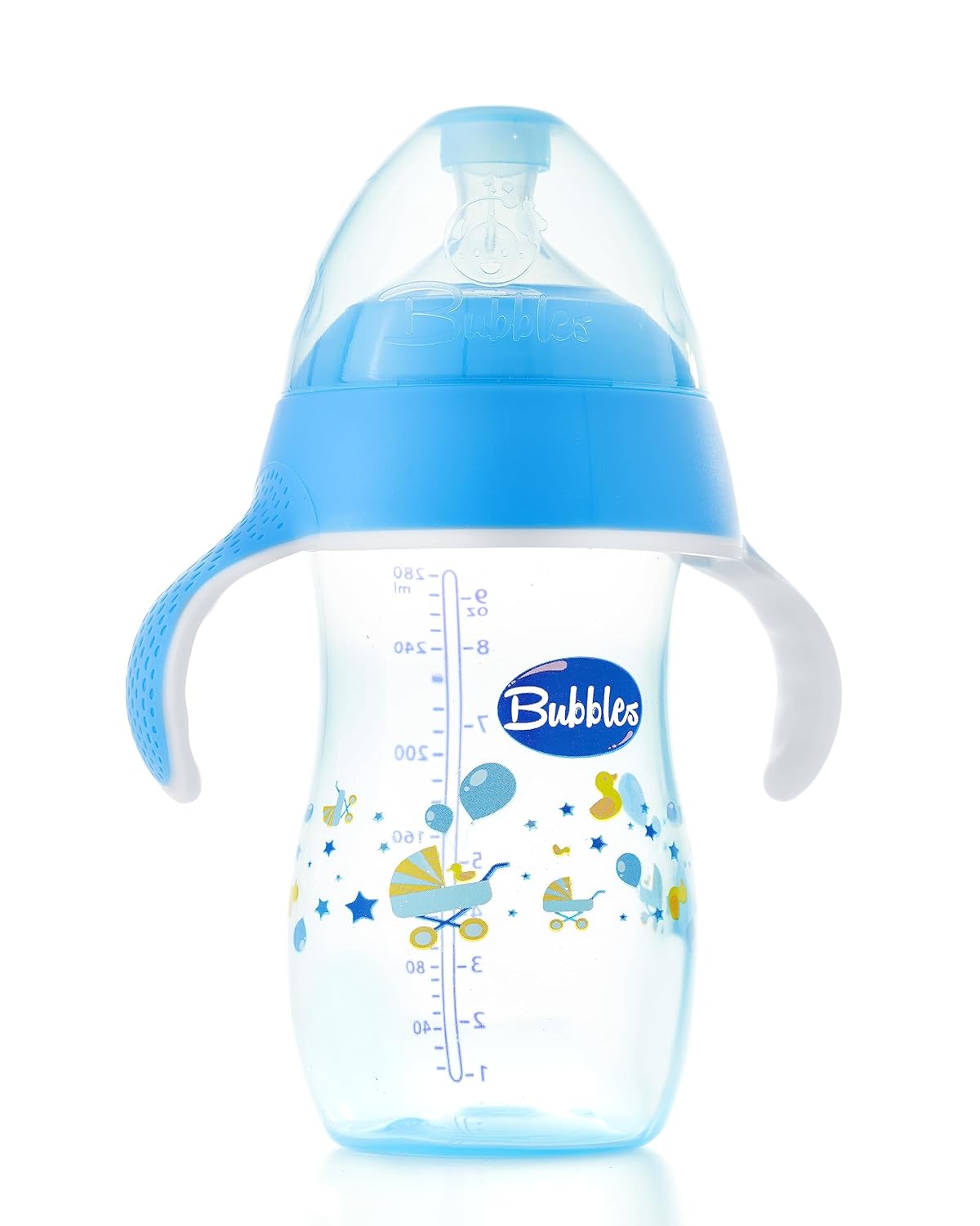 Bubbles Natural Feeding Bottle 280 ml With Hand - blue