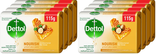 Dettol Nourish Anti-Bacterial Bathing Soap Bar for Effective Germ Protection & Personal Hygiene, honey & shea butter fragrance, 115g 4 pieces (Pack of 2)