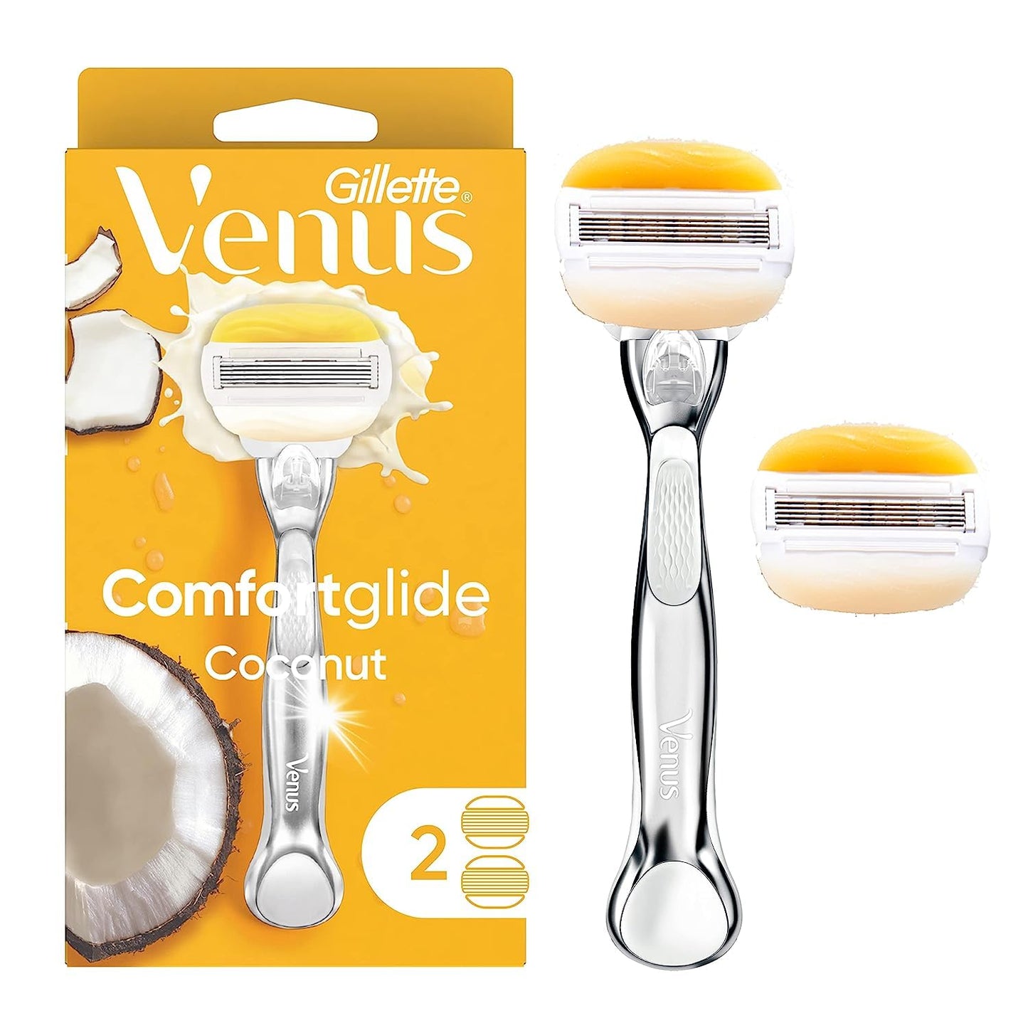 Gillette Venus ComfortGlide with Olay Coconut for Women, 5-Blade Razor with Moisture Bars for Smooth Shaving Experience – Metal Handle + 2 Blade Refills
