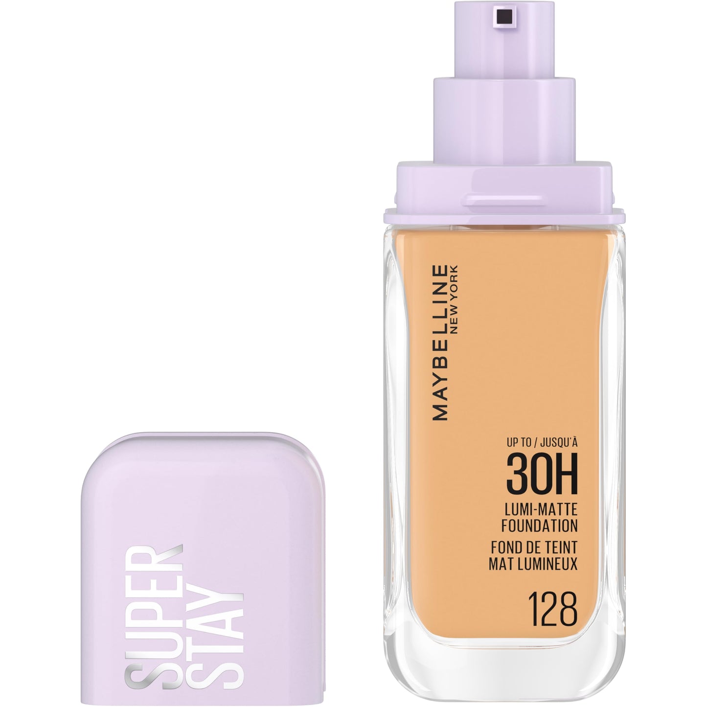 MAYBELLINE New York, Super Stay Lumi-Matte Liquid Foundation, 30hr Longwear formula, Light as Air, Waterproof, Sweatproof, Luminous Matte Finish - 128