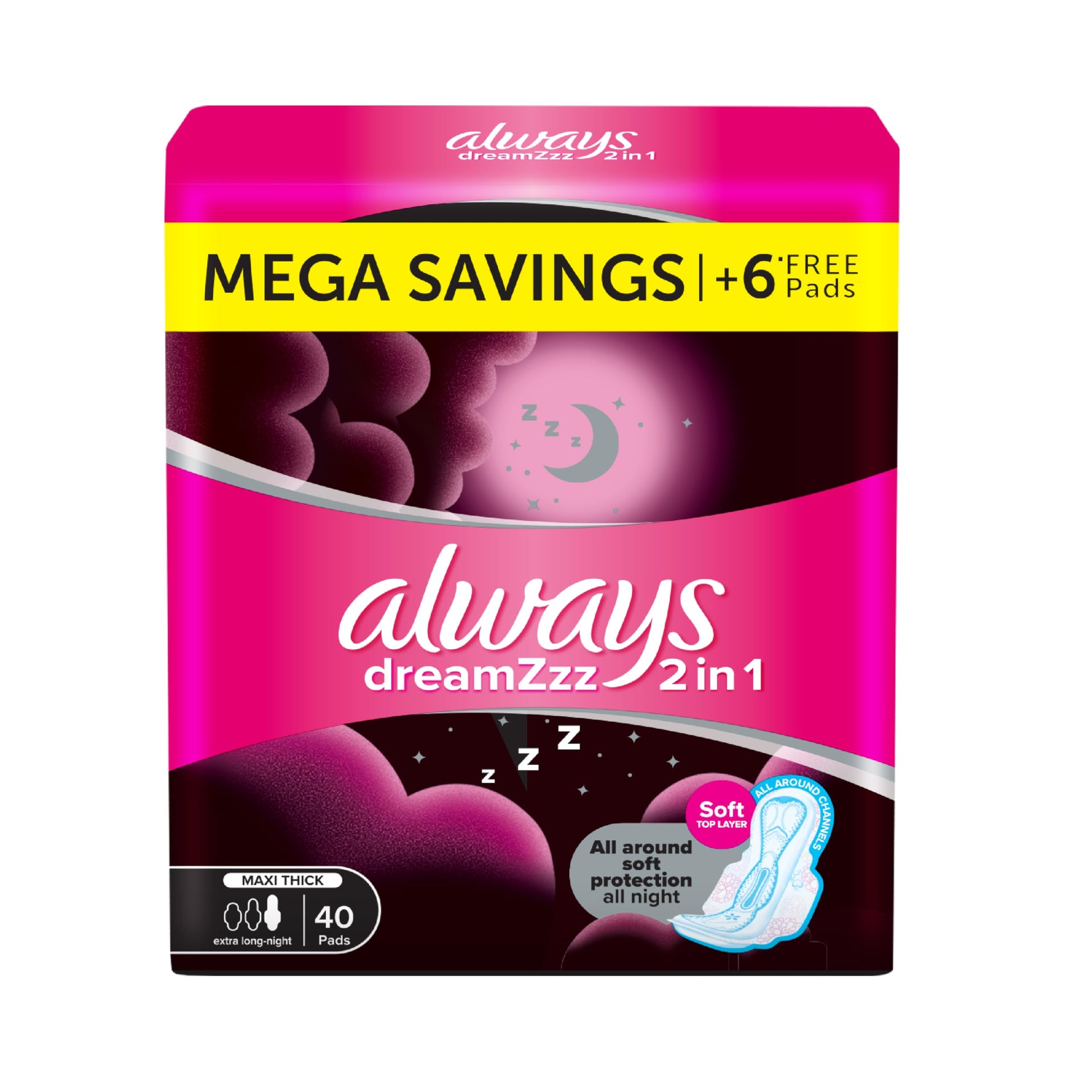 Always DreamZzz 2 in 1 Feather Soft Pads, Maxi Thick, Extra Long Night, 40 Pads