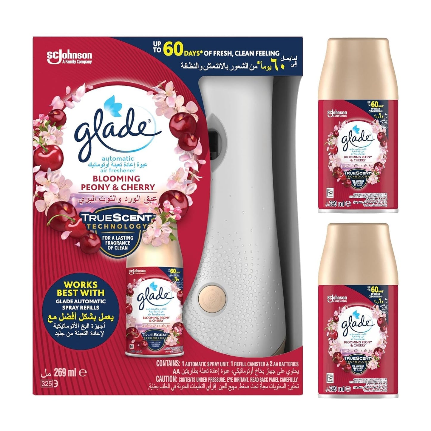 Glade 1 Automatic Spray Unit with Blooming & Cherry Air freshener Refill Canister - 269 ml + 2 AUTOMATIC SPRAY REFILL PEONY & CHERRY - 269 ml @10% Discount