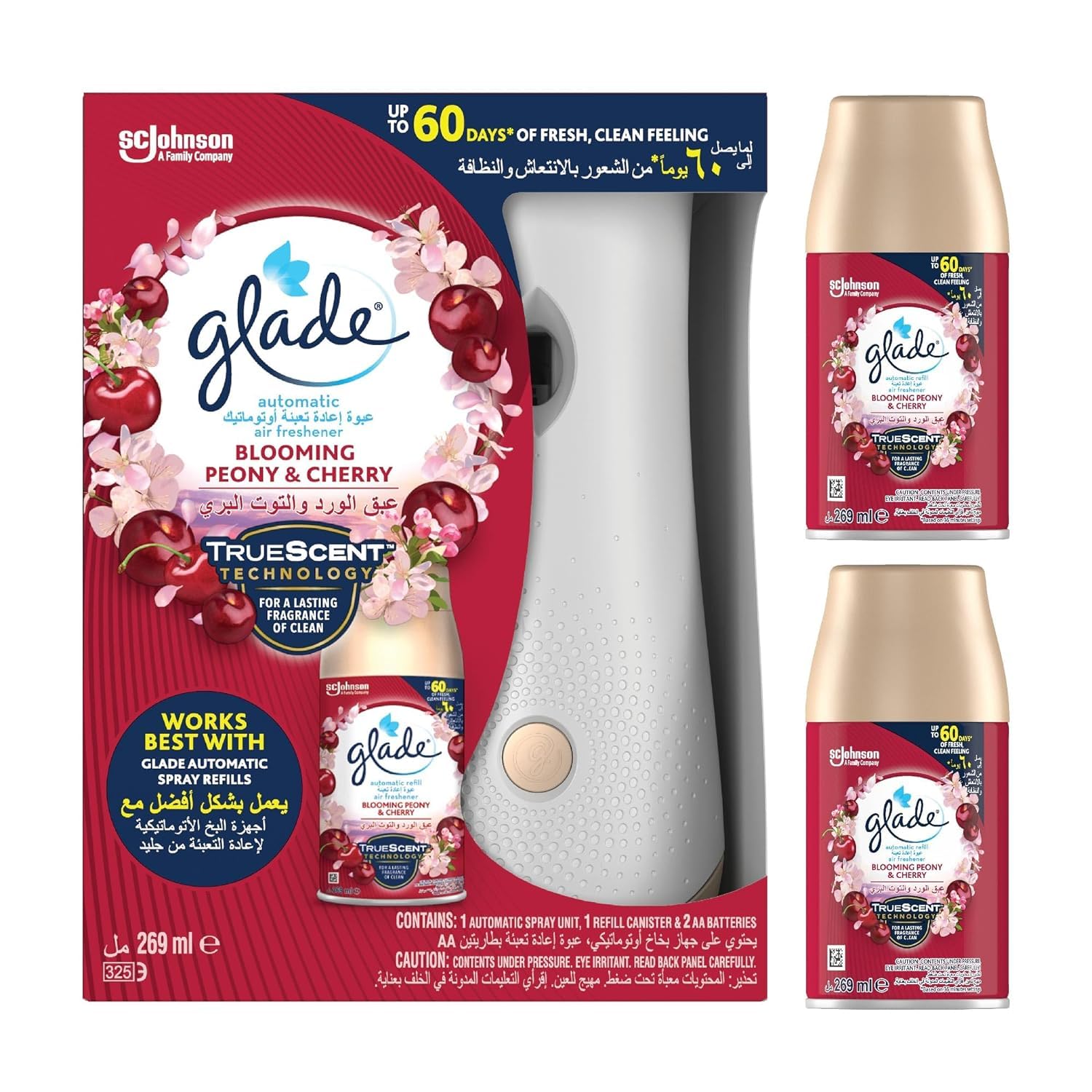 Glade 1 Automatic Spray Unit with Blooming & Cherry Air freshener Refill Canister - 269 ml + 2 AUTOMATIC SPRAY REFILL PEONY & CHERRY - 269 ml @10% Discount