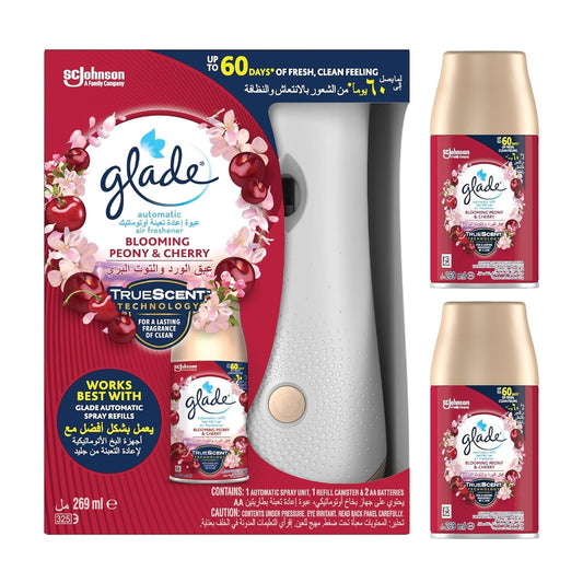 Glade 1 Automatic Spray Unit with Blooming & Cherry Air freshener Refill Canister - 269 ml + 2 AUTOMATIC SPRAY REFILL PEONY & CHERRY - 269 ml @10% Discount