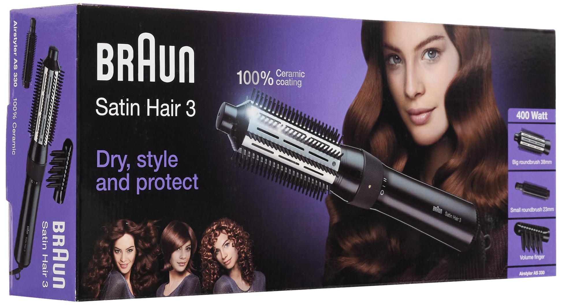 Braun Satin Hair 3 Airstyler AS330 Hot Air Brush with 3 Attachments – Ceramic Coated Barrel, 400W Power, 2 Heat Settings, Roll-Out Function, Black – BRAS330E