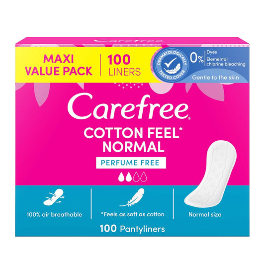 Carefree Cotton Feel Unscented Pantyliners, Normal Size, 100% Air Breathable for Daily Freshness, Dermatologically Tested, Pack of 76