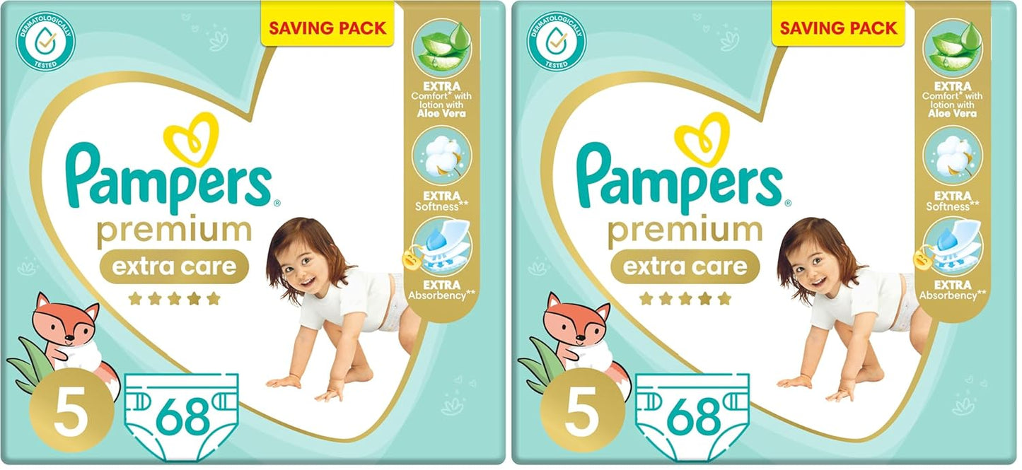 Pampers Premium EXTRA CARE Taped Diapers, Size 5, 11-25 kg, with Lotion with Aloe Vera, Saving Pack, 68 Baby Diapers (Pack of 2)