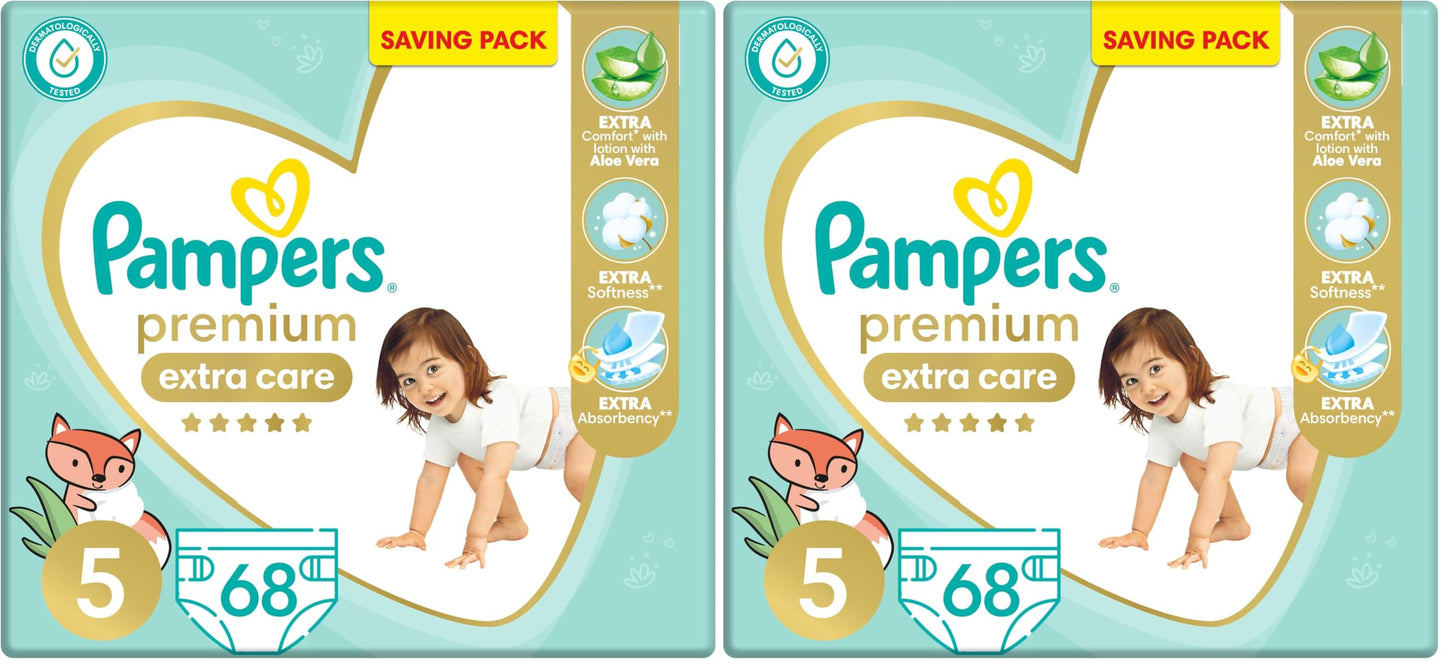 Pampers Premium EXTRA CARE Taped Diapers, Size 5, 11-25 kg, with Lotion with Aloe Vera, Saving Pack, 68 Baby Diapers (Pack of 2)