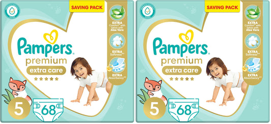 Pampers Premium EXTRA CARE Taped Diapers, Size 5, 11-25 kg, with Lotion with Aloe Vera, Saving Pack, 68 Baby Diapers (Pack of 2)
