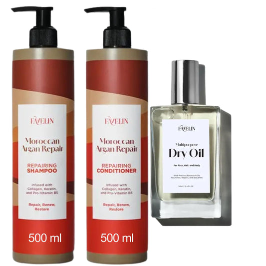 Favelin Moroccan Argan Repair Set Shampoo (500 ML ) and Conditioner ( 500 Ml ) & Dry Oil (50ML ) - With Argan Oil & Collagen | Ultimate Care for Damaged Hair & Soften Skin