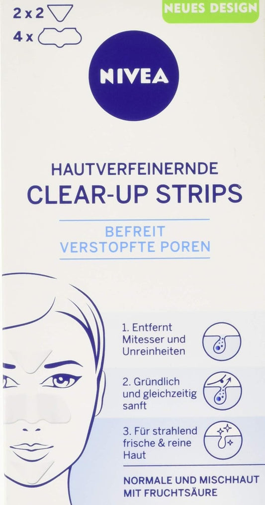 NIVEA Clear-Up Strips, Skin Refining and Blackhead Removal, Nose, Forehead and Chin, 1 Pack (1 x 4 Nose Strips, 2 x 2 Forehead/Chin Strips)