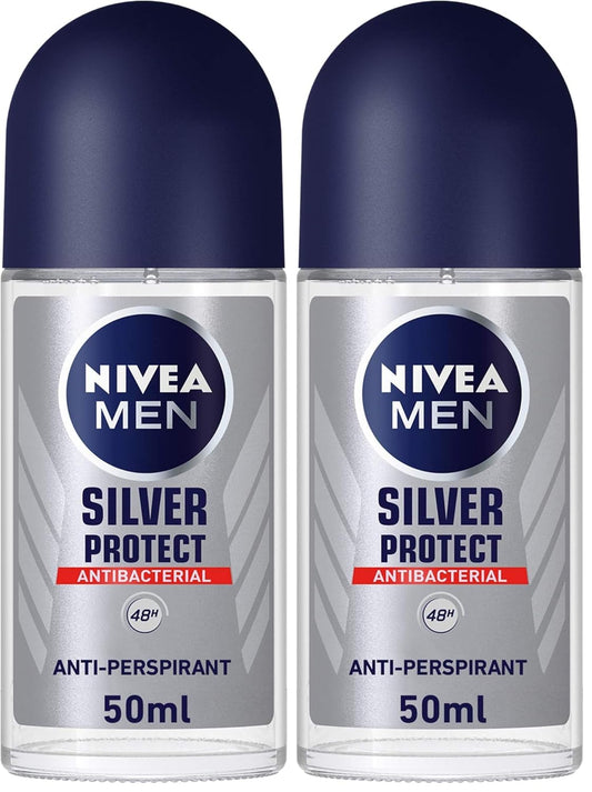 NIVEA MEN Antiperspirant Roll-on for Men, Silver Protect Antibacterial Protection, 50ml (Pack of 2)