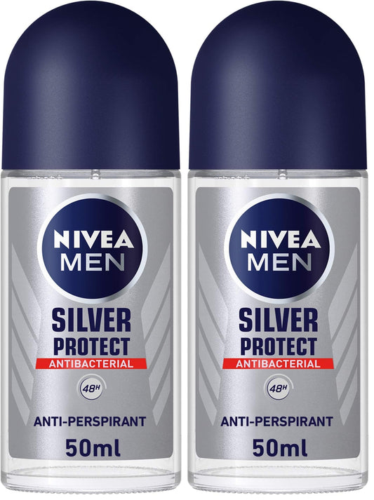 NIVEA MEN Antiperspirant Roll-on for Men, Silver Protect Antibacterial Protection, 50ml (Pack of 2)