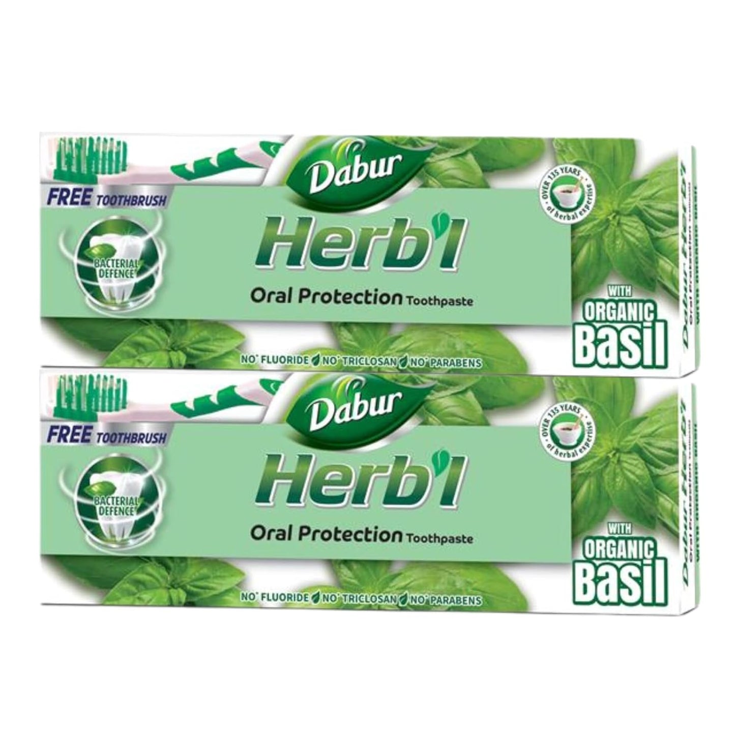 Dabur Herbl Basil Oral Protection Toothpaste (2 x 150g + Toothbrush) | Enriched With Basil | Natural Toothpaste For Healthy Gums & Strong Teeth | Value Pack