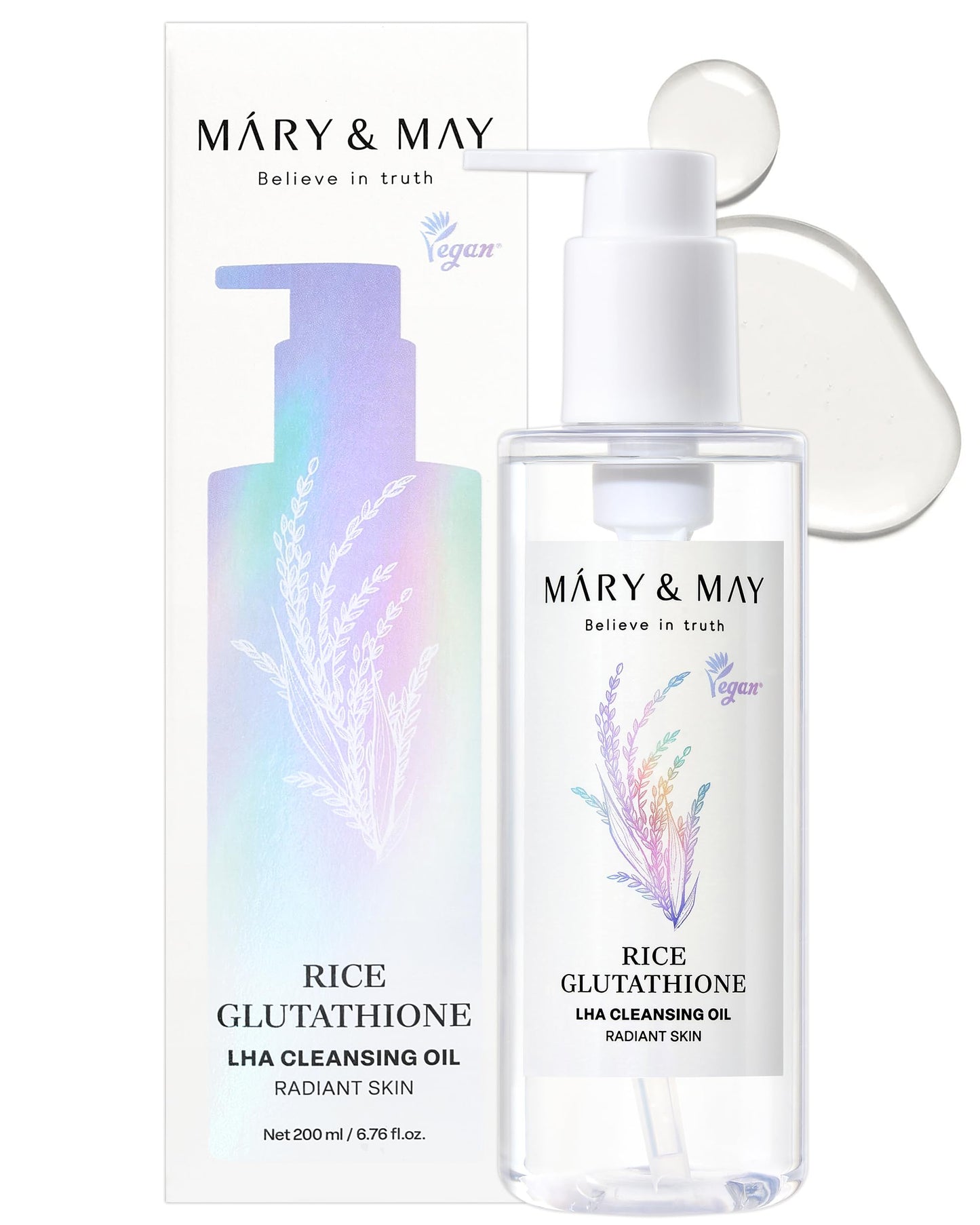 Mary&May Rice Glutathione LHA Cleansing Oil - Deep Pore Cleansing, Blackhead & Whitehead Removal - Korean Makeup Remover with Rice Bran Oil, Gentle Exfoliation, Clean Beauty, 200ml