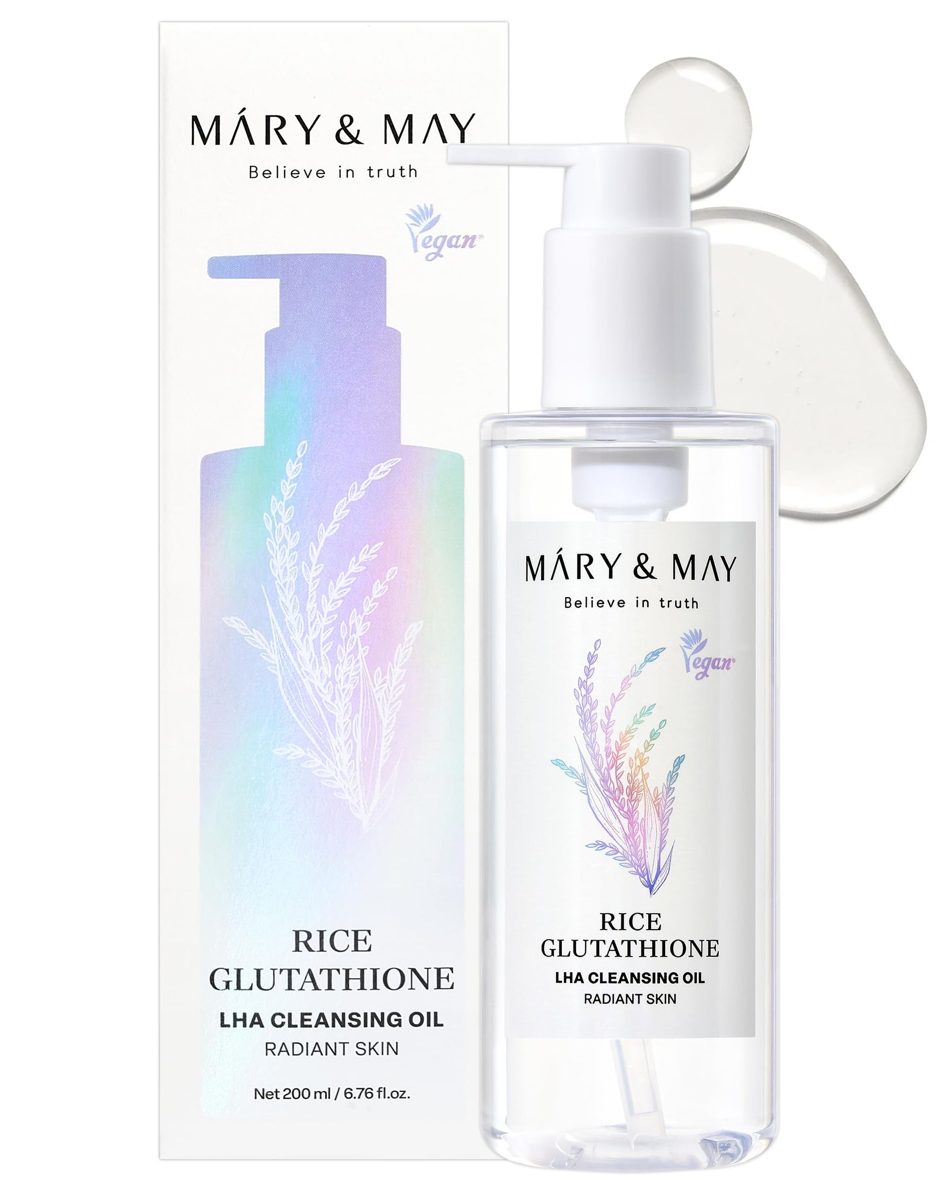 Mary&May Rice Glutathione LHA Cleansing Oil - Deep Pore Cleansing, Blackhead & Whitehead Removal - Korean Makeup Remover with Rice Bran Oil, Gentle Exfoliation, Clean Beauty, 200ml