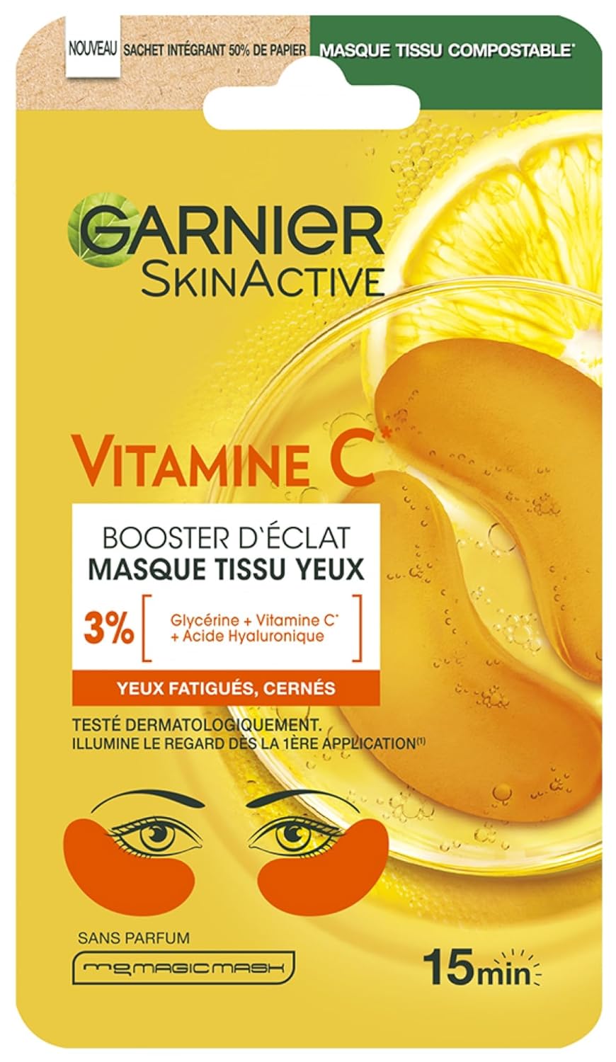 Garnier Skin Active - Radiance Booster Eye Mask - Brightens the Eye Contour - Reduces Dark Circles - Enriched With Vitamin C, Glycerin & Hyaluronic Acid - Vegan & Cruelty Free - Compostable Fabric