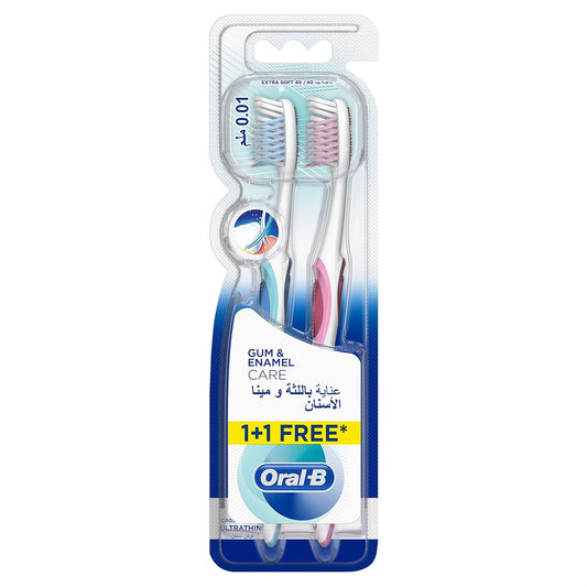 Oral-B Gum and Enamel Care Ultrathin Extra Soft 40 Manual Toothbrush, 1 + 1 Free - Multi Color