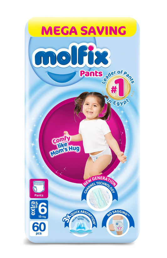 Molfix Baby Diaper Pants Size 6, Mega Pack, 15+ KG, 60 Units, Molfix Pants Diapers, Size 6, 15+KG, Jumbo Pack, 60 Count, Cotton Material