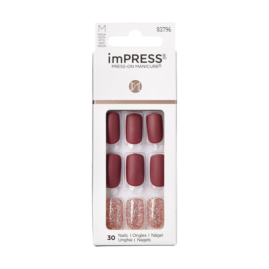 KISS imPRESS Press-On Manicure, Hero, Medium Length Square, with PureFit Technology, Includes Prep Pad, Mini File, Cuticle Stick, and 30 Fake Nails