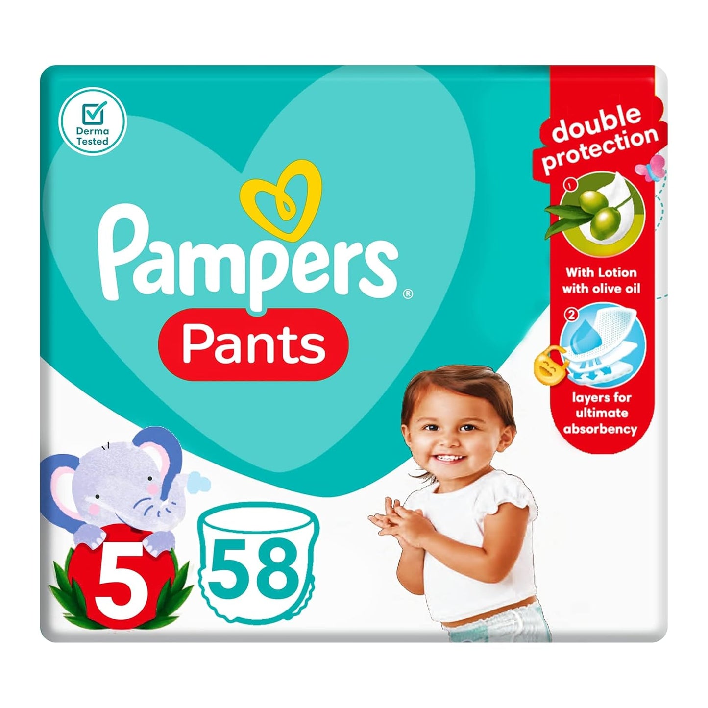 Pampers Baby Dry Pants Diapers, Size 5, 12-18 kg, with Lotion with Olive Oil, 58 Baby Diapers